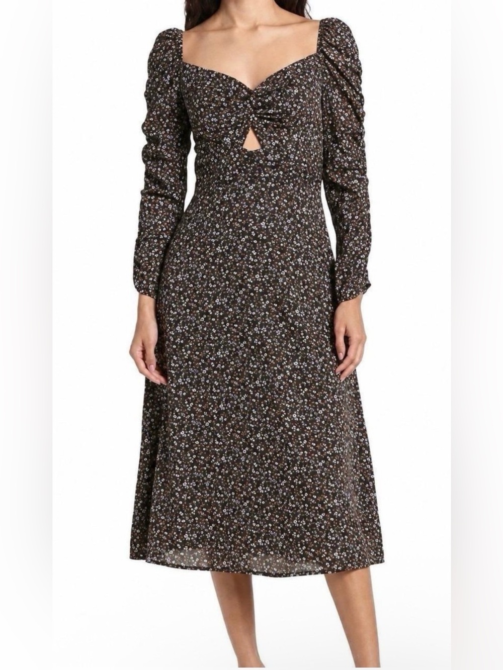 ASTR Women's Brown Floral Midi Dress with Long Puff Sleeves Keyhole Smocked R8